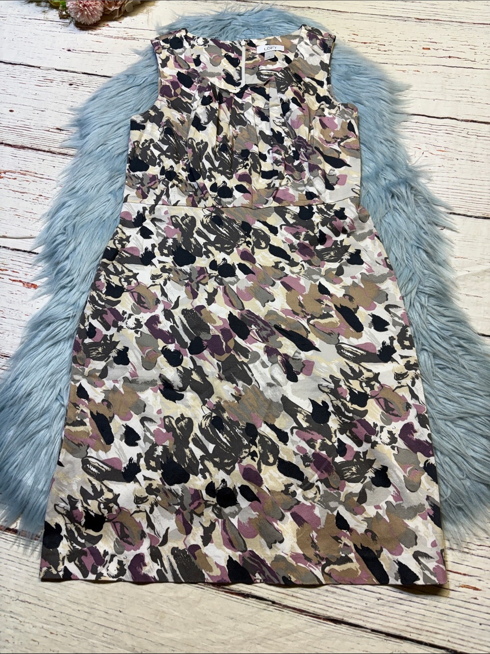 LOFT Abstract Floral Print Shift Dress - Pink, Black, Taupe Sz 2